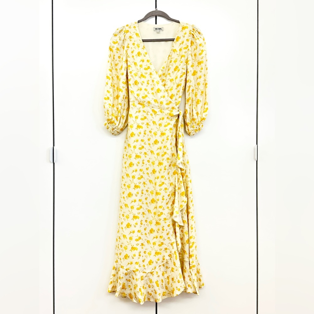 Un-Nye Sabina Midi Wrap Dress in Shell Yellow Floral Sz 4